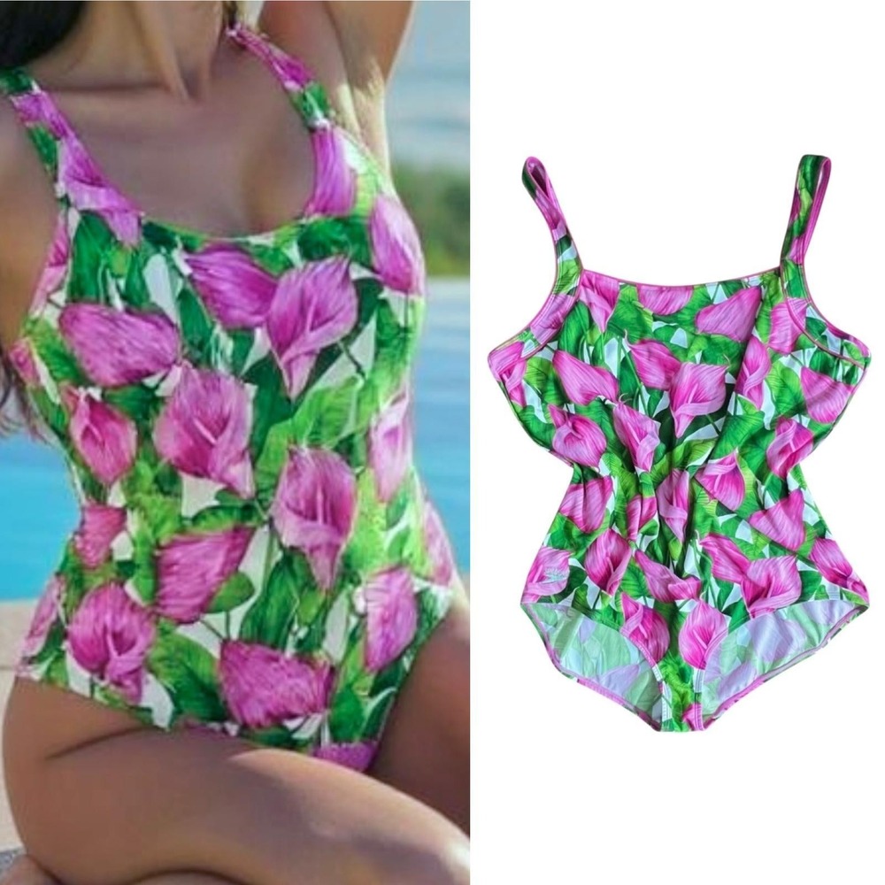 Speedo Swimsuit Womens 22 Pink‎ Green Floral Bathing Suit One Piece Swimwear